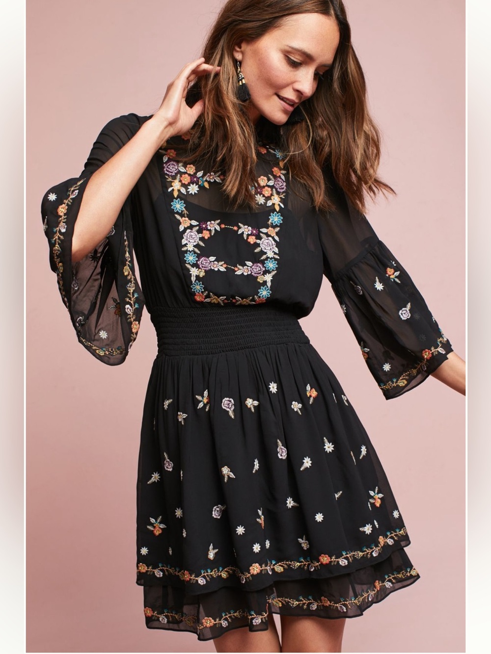 Anthropologie maeve anfisa tunic Black Embroidered Floral Smocked-Waist Dress